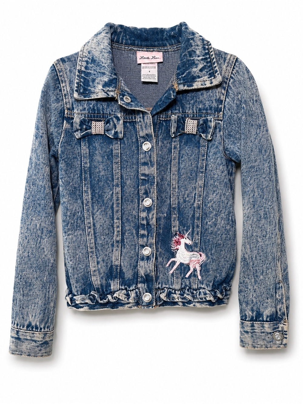 Little Lass Girls Denim Jacket Size 6 Blue Acid Wash Unicorn Ruffle Button Front